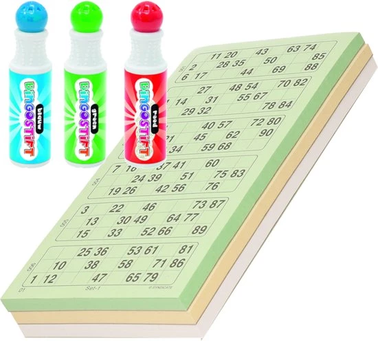 Merkloos 100x Bingokaarten Nummers 1-90 Inclusief 3x Bingo Stiften Blauw/groen/rood 3 Merkloos 100x Bingokaarten Nummers 1-90 Inclusief 3x Bingo Stiften Blauw/groen/rood