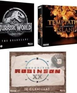 Merkloos Spellenbundel - 3 Stuks - Jurassic World The Boardgame & Temptation Island & Expeditie Robinson De Eilandraad