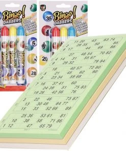 Merkloos 200x Bingokaarten Nummers 1-90 Inclusief 6x Bingo Stiften Blauw/geel/rood