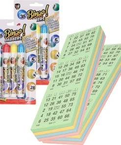 Merkloos 200x Bingokaarten Nummers 1-75 Inclusief 6x Bingostiften Blauw/geel/rood